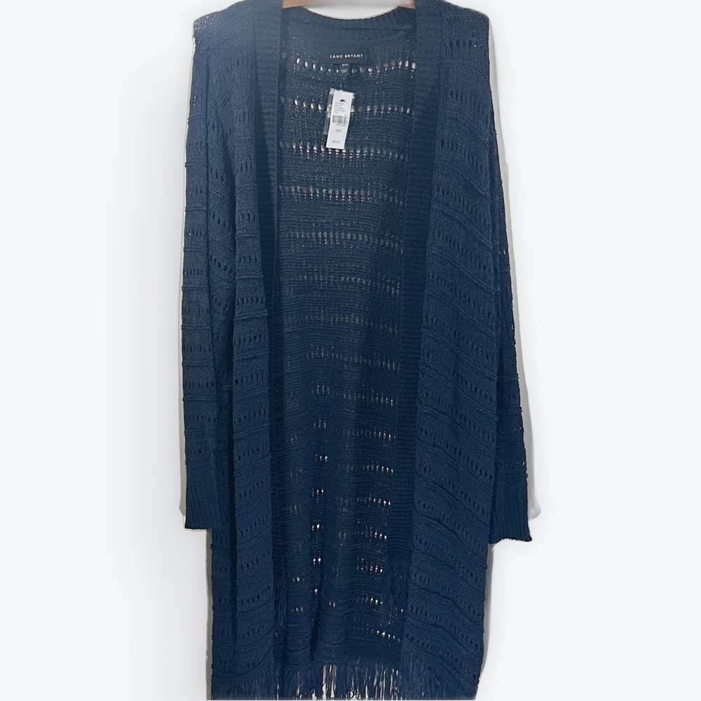 NWT Lane Bryant Fringed Navy Open-Knit Cardigan Soft Long Duster Size 18/20 Plus